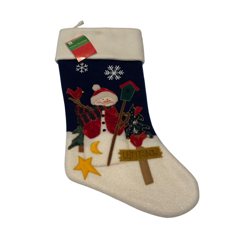 MerryBrite Velvet Christmas Stocking Snowman Let It Snow Navy Blue Red White NWT